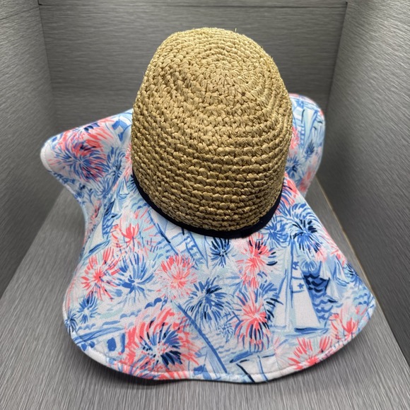 Lilly‎ Pulitzer Straw Wide Brim Sun Hat Tropical Floral Print Pink Blue One Size - Picture 3 of 13